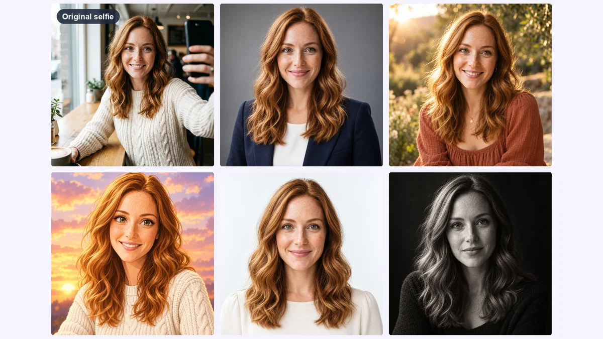 One selfie turned into five AI profile pictures with Postcrest: LinkedIn headshot, golden hour, anime avatar, Korean ID photo style and black and white