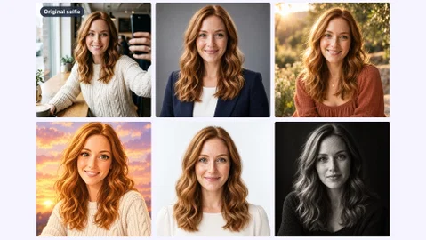 One selfie turned into five AI profile pictures with Postcrest: LinkedIn headshot, golden hour, anime avatar, Korean ID photo style and black and white
