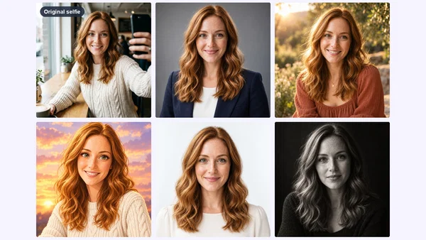 One selfie turned into five AI profile pictures with Postcrest: LinkedIn headshot, golden hour, anime avatar, Korean ID photo style and black and white