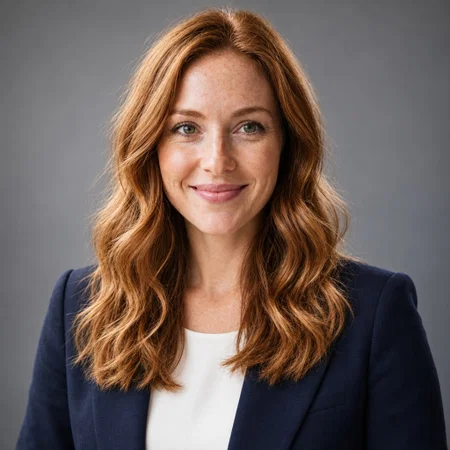 AI LinkedIn headshot in a navy blazer on a grey studio background