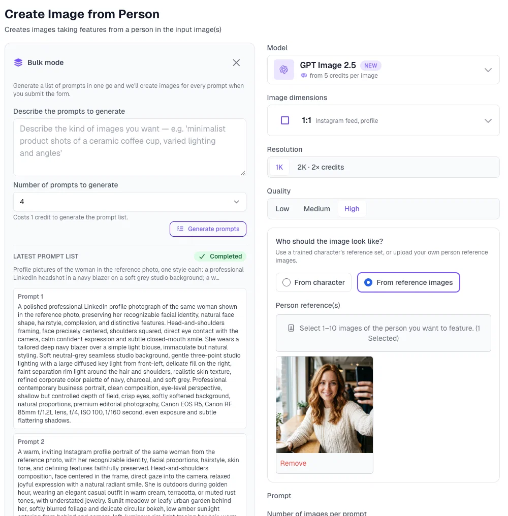 Bulk mode in Postcrest generating four detailed profile picture prompts from one description, with the reference selfie selected