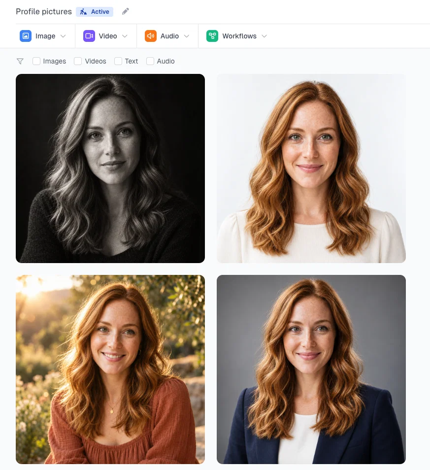 Four AI profile pictures generated in Postcrest from one selfie: LinkedIn headshot, golden hour, black and white and Korean ID style