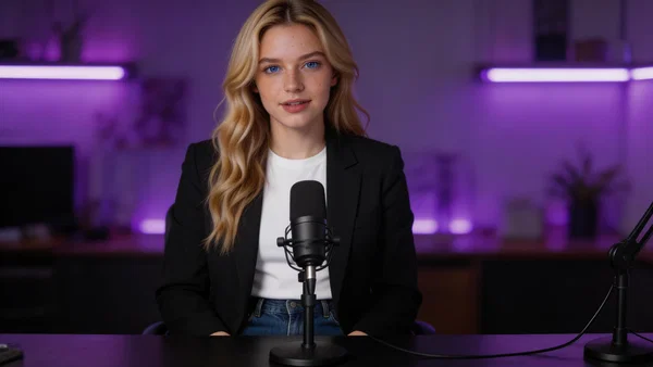 AI YouTube host created with Postcrest presenting at a podcast microphone in a studio