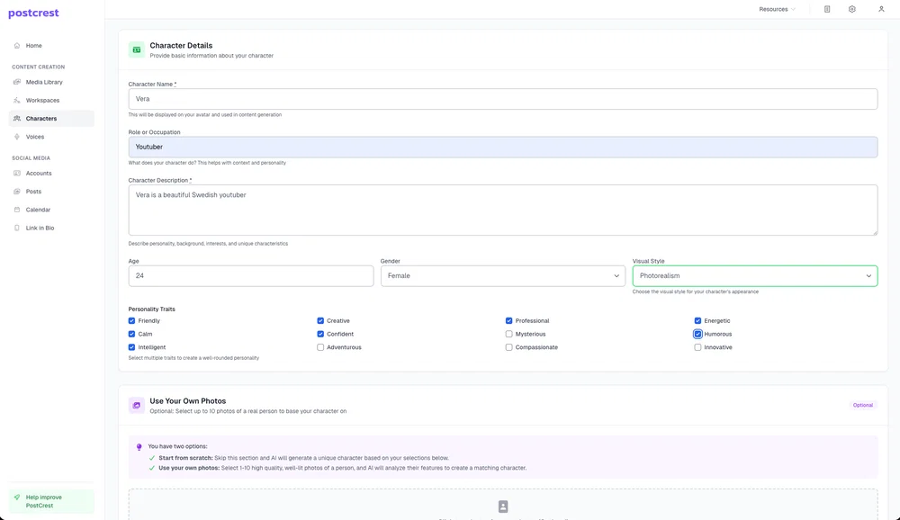 Character Details form in Postcrest: name, role, description, age, visual style, and personality traits for your AI YouTube host