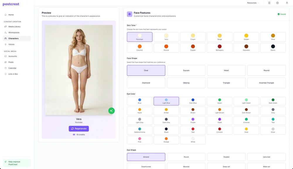 Customize face features of your AI YouTube host in Postcrest: skin tone, face shape, and eye color with live preview