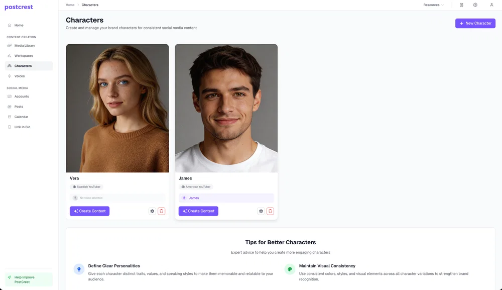 Saved AI YouTube host characters in the Postcrest Characters library, ready to create content