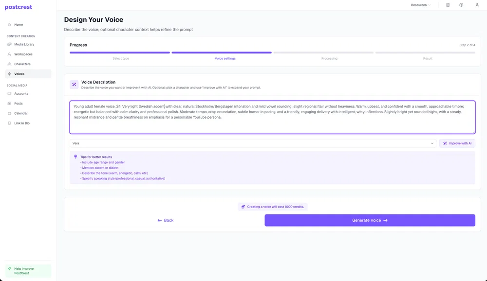 Design a custom AI voice by describing age, accent, tone, and speaking style in Postcrest