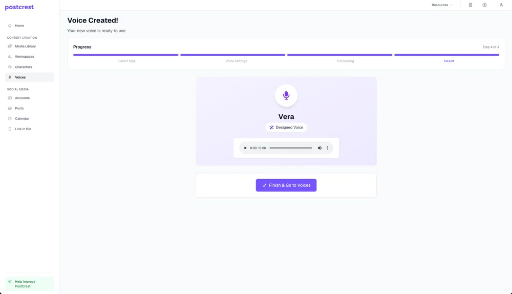 The finished custom AI voice for the YouTube host, ready to preview in Postcrest