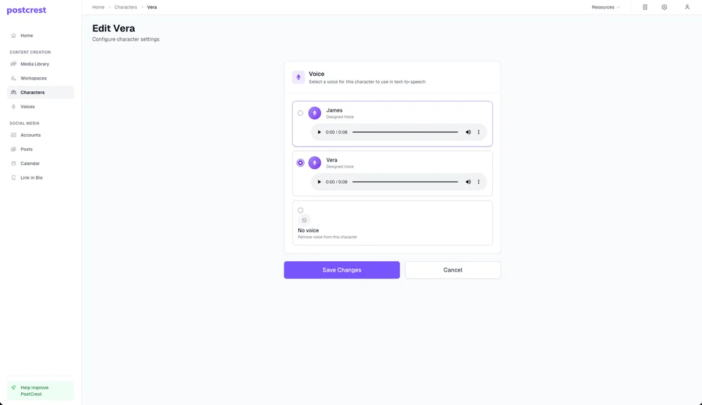 Assign the AI voice to your YouTube host character in Postcrest so every video uses the same voice