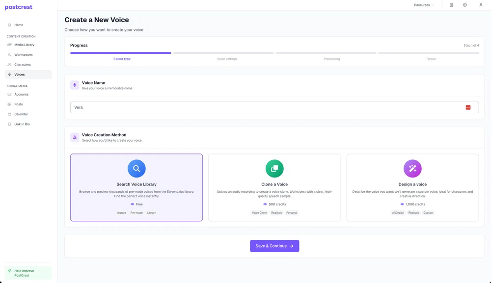 Create a new voice for your AI YouTube host in Postcrest: voice library, voice cloning, or designing a custom voice