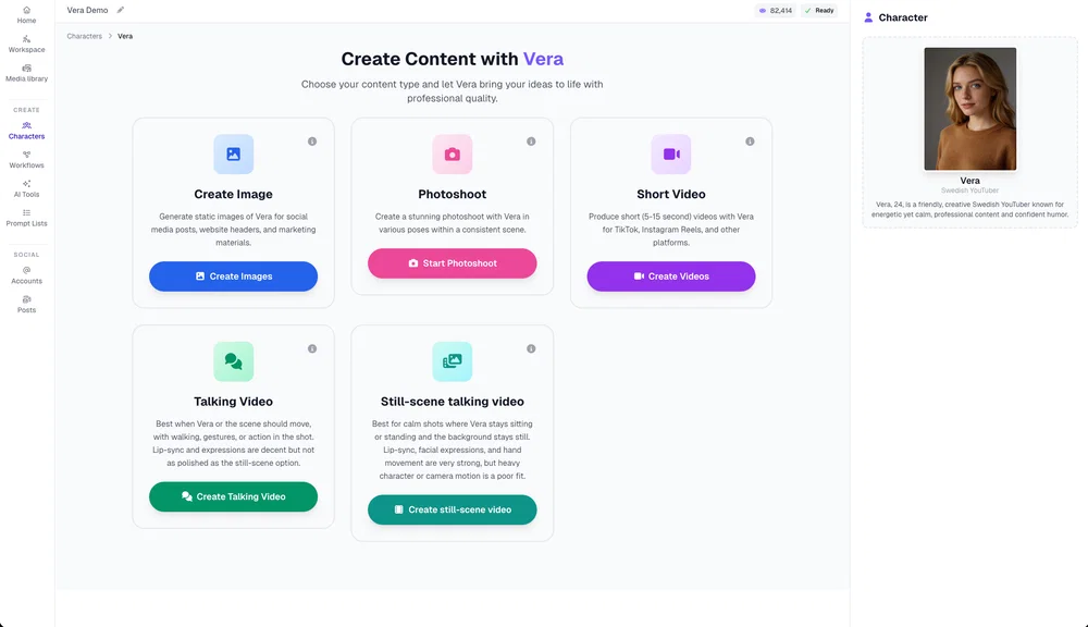 Create Content menu for the AI YouTube host in Postcrest: images, photoshoots, short videos, and talking videos