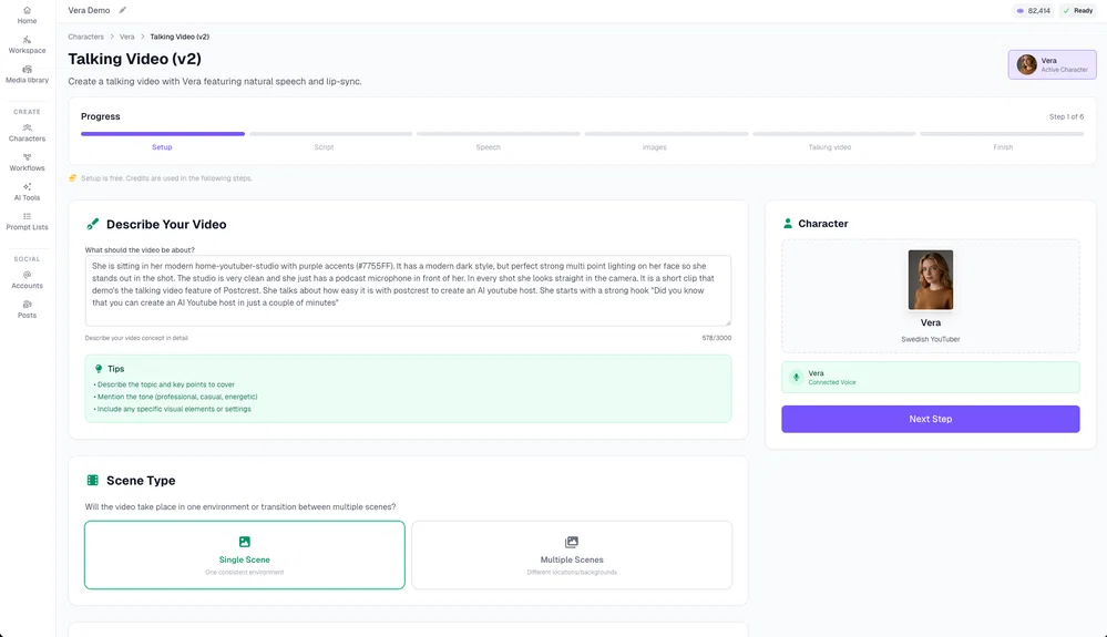 Describe your AI YouTube host video in Postcrest: topic, setting, tone, and scene type