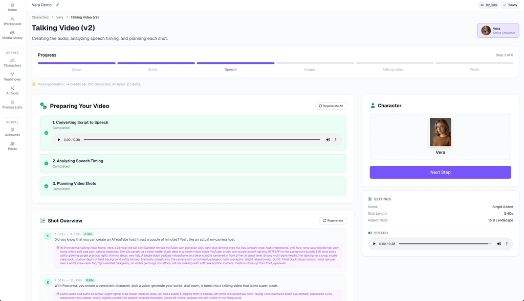 Scene and shot preview grid for an AI YouTube host video