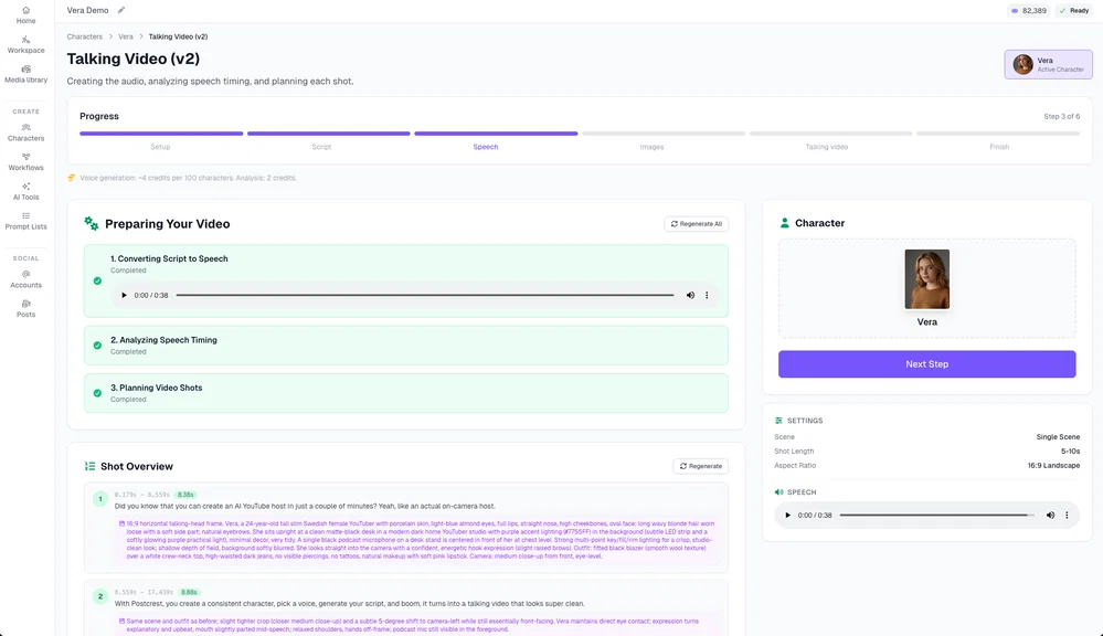 Postcrest preparing the AI YouTube host video: script to speech, speech timing, and automatic shot planning