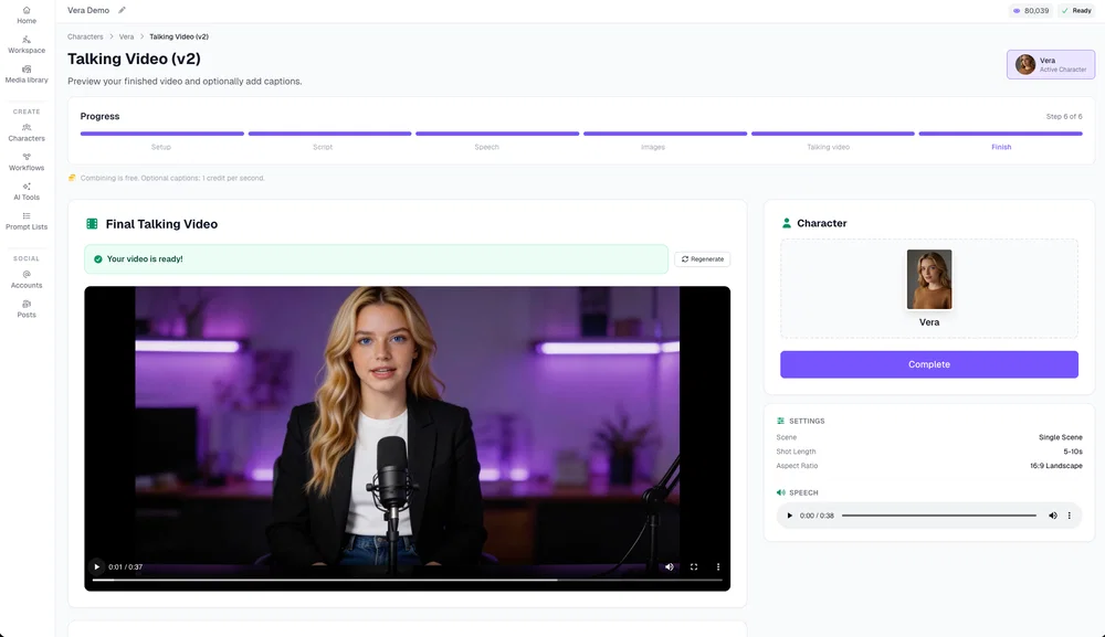 The finished lip-synced AI YouTube host video in Postcrest, ready to download and upload to YouTube