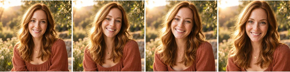 Four frames from the AI video made from one photo: the start frame, then the woman turning toward the camera and smiling as her hair moves
