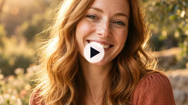 A frame from an AI video made from a single photo with Postcrest: a woman in golden-hour light turning toward the camera, with a play button overlay