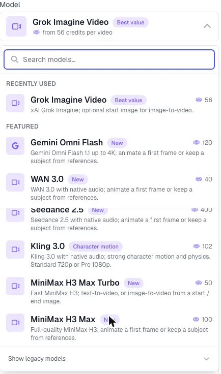 The video model picker in Postcrest listing Grok Imagine Video, Gemini Omni Flash, WAN 3.0, WAN 3.0 Prime, Seedance 2.5, Kling 3.0 and MiniMax H3 Max with prices