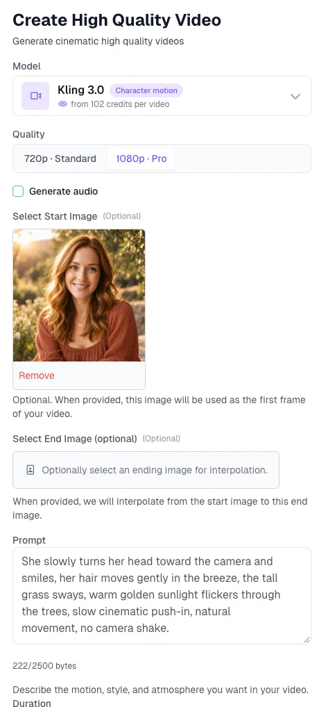 Create High Quality Video in Postcrest with Kling 3.0, 1080p Pro, the uploaded start image and the motion prompt