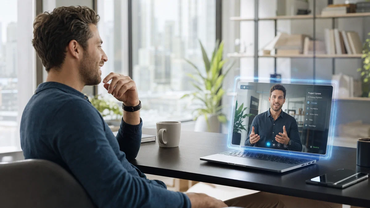 Man watching his virtual AI clone present a video on his laptop