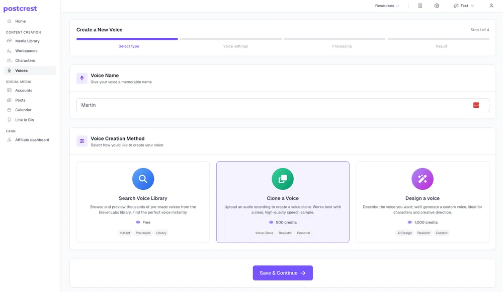 The generated voice clone ready to preview in Postcrest