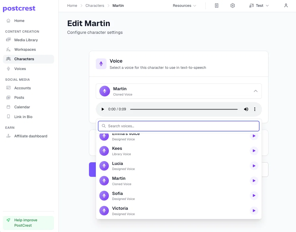 Attach your cloned voice to your AI clone character in Postcrest