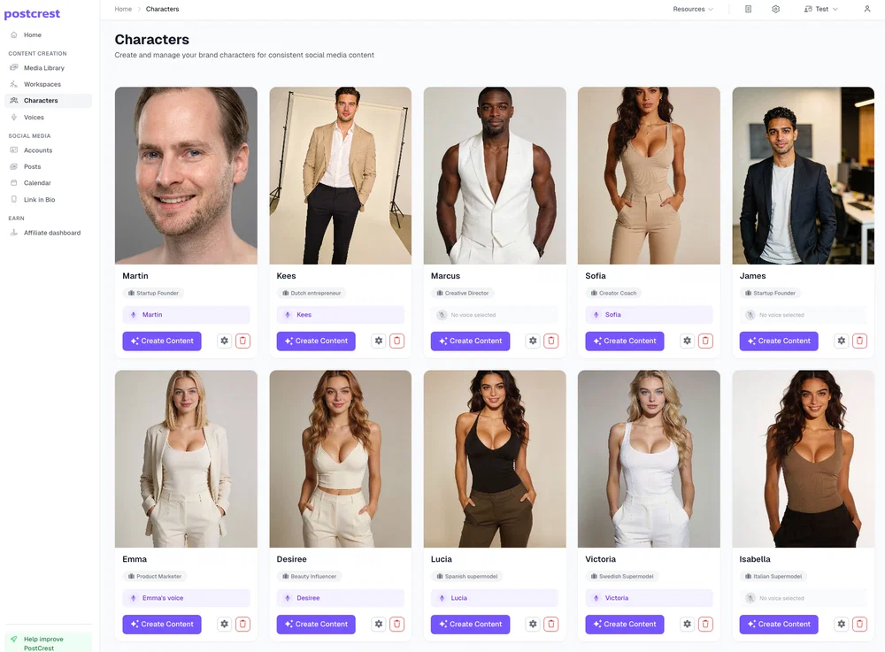 Multiple AI characters, including your virtual clone, in the Postcrest characters library