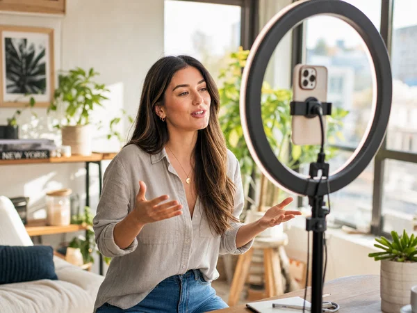 AI influencer creating social media content with a smartphone and ring light in a bright apartment studio