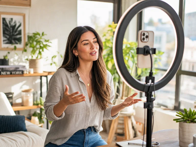 AI influencer creating social media content with a smartphone and ring light in a bright apartment studio