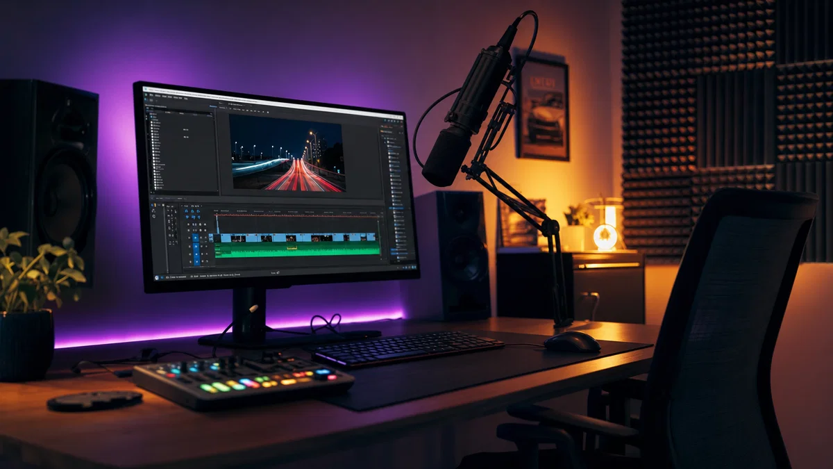 Faceless YouTube channel studio setup with video editing timeline and microphone, no creator on camera