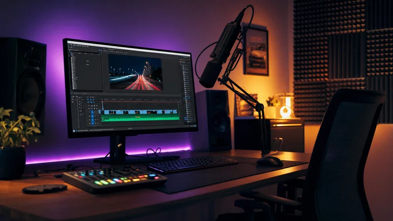 Faceless YouTube channel studio setup with video editing timeline and microphone, no creator on camera