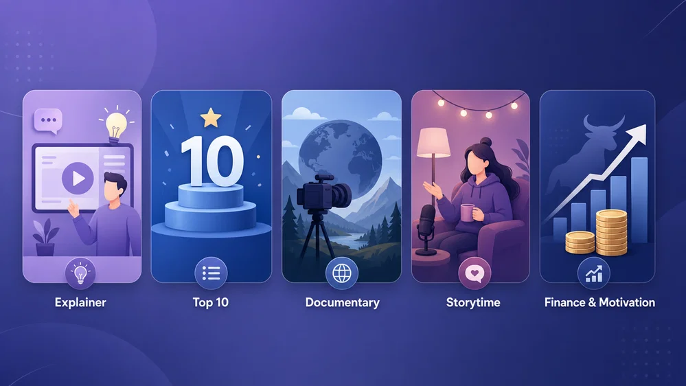 The five best faceless YouTube niches: explainers, top-10 listicles, documentary, storytime, and finance & motivation