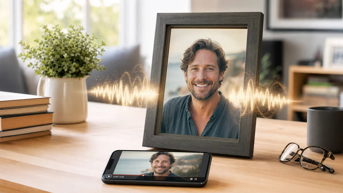 Framed portrait photo coming alive with sound waves and playing as a talking video on a smartphone