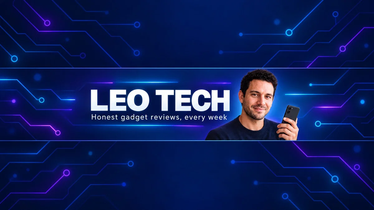 A YouTube channel banner made with Postcrest: the channel name LEO TECH and a tagline centered on a dark navy circuit-pattern background, with the host on the right holding a phone