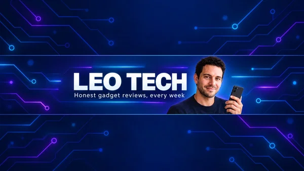 A YouTube channel banner made with Postcrest: the channel name LEO TECH and a tagline centered on a dark navy circuit-pattern background, with the host on the right holding a phone