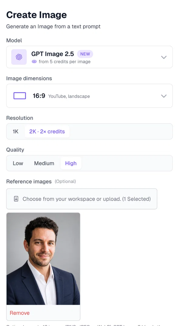 Create Image in Postcrest set to GPT Image 2.5, 16:9, 2K, High quality, with a headshot selected as the reference image