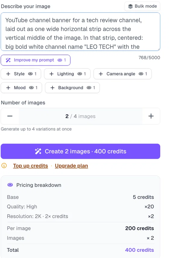 The banner prompt in Postcrest with Number of images set to 2 and the Create button showing 400 credits with the pricing breakdown