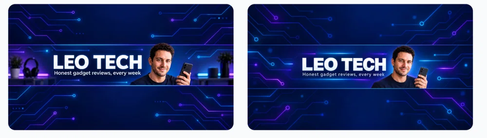 Two AI-generated YouTube banner variants in the Postcrest workspace, both with LEO TECH, the tagline and the host in a strip across the middle