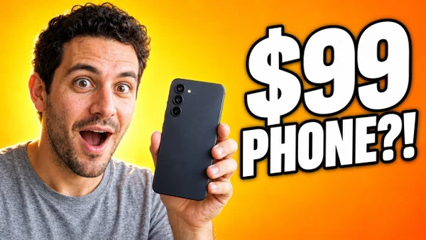 AI YouTube thumbnail of a surprised Leo holding up a $99 phone next to his face, variant 1