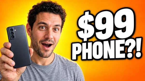 AI YouTube thumbnail of Leo holding a $99 phone up on the left of the frame, variant 2