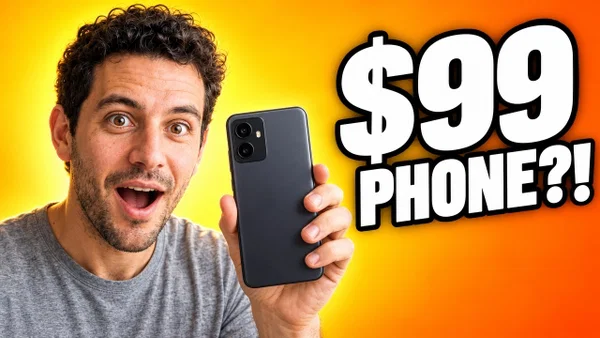 AI YouTube thumbnail of Leo with a black phone and $99 PHONE?! text, variant 3