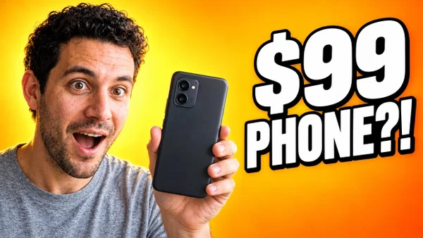AI YouTube thumbnail of Leo with a phone and bold $99 PHONE?! text, variant 4