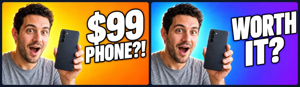 A/B test pair of AI YouTube thumbnails: $99 PHONE?! on orange and WORTH IT? on blue, same face and pose