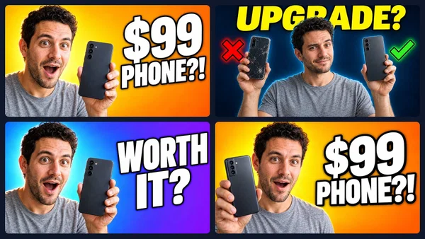 Four AI YouTube thumbnails of the same creator made with Postcrest: $99 PHONE?!, UPGRADE? and WORTH IT? variants