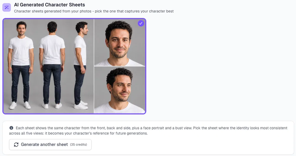 AI character sheet of Leo in Postcrest created from one selfie, with front, back and side views and face close-ups