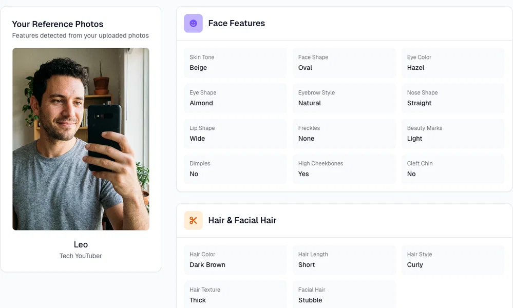 Review Detected Features step in Postcrest showing the reference photo next to detected face and hair features