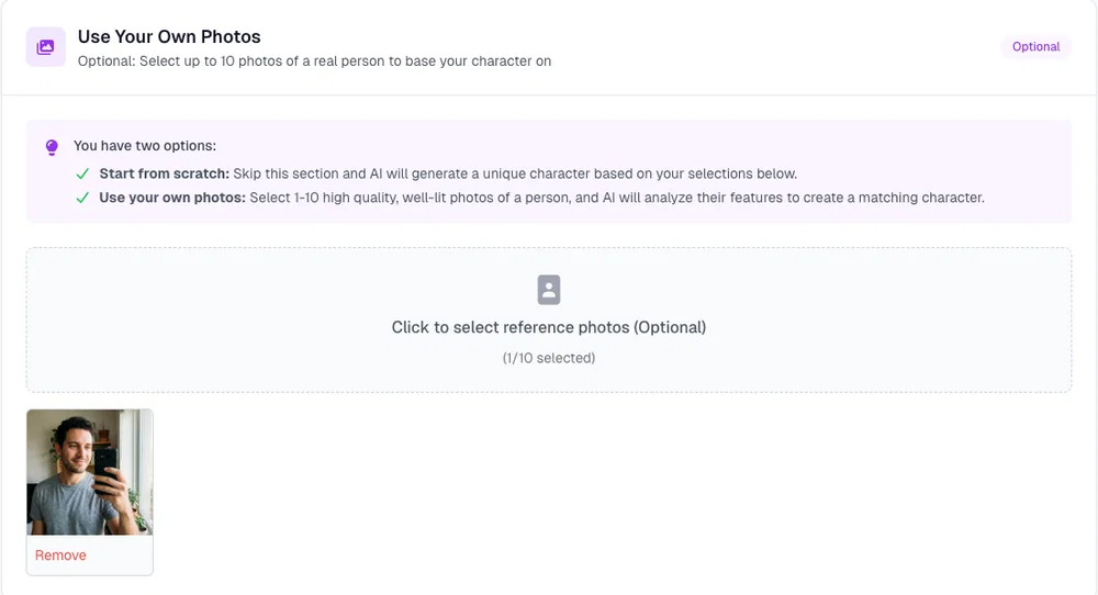 Use Your Own Photos section in Postcrest with one reference selfie selected for the character