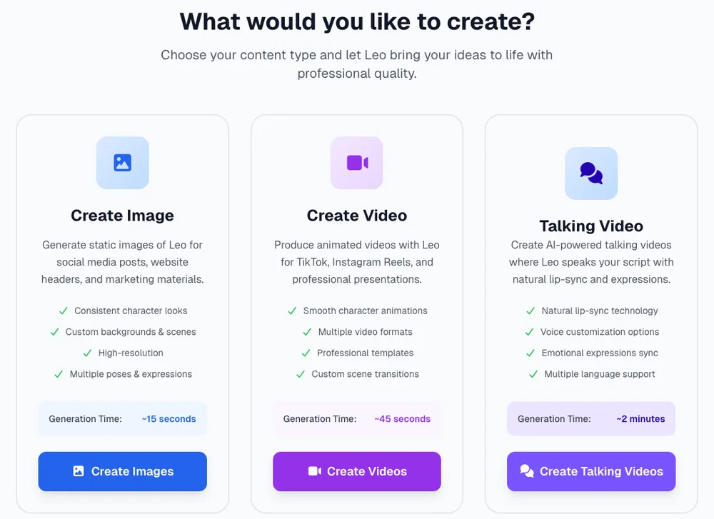 Create with Leo page in Postcrest with Create Image, Create Video and Talking Video options