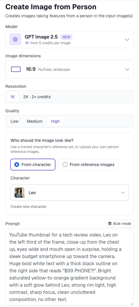Create Image from Person in Postcrest set to GPT Image 2.5, 16:9, 1K, High quality, From character Leo, with the thumbnail prompt filled in