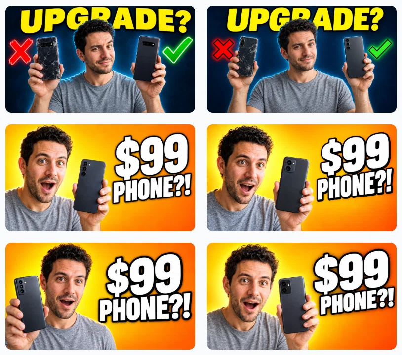 Six AI-generated YouTube thumbnails of Leo in Postcrest: two UPGRADE? comparison thumbnails and four $99 PHONE?! variants